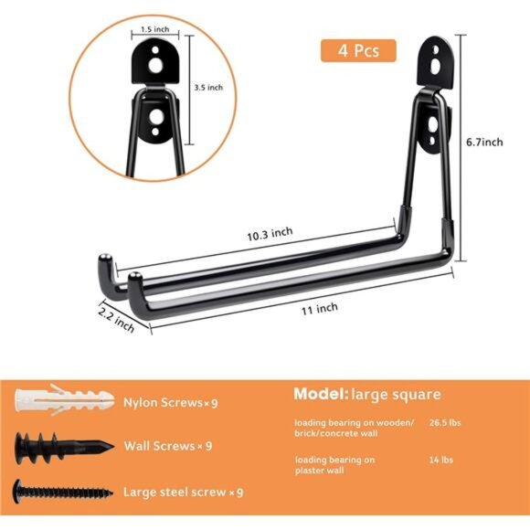 Garage Hooks Heavy Duty - 11 Inch Large Wall Mount Storage Hanger, 4 Pack - Picture 3 of 8